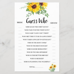 Guess Who Sunflowers Bridal Shower Game Card
