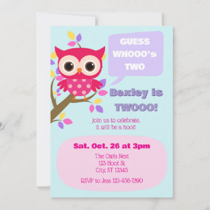 Guess Who's Two, Pink Owl 2nd Birthday Invitation