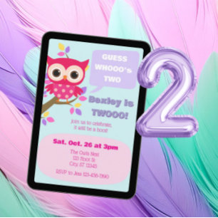 Guess Who's Two, Pink Owl 2nd Birthday Invitation