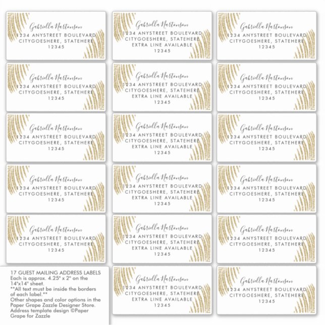 Guest Address Labels Gold Glitter Palm Leaf (Front)