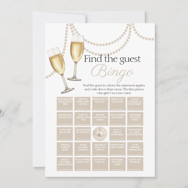 Guest bingo Pearls Prosecco shower game card (Front)