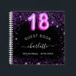 Guest book 18th birthday black purple glitter name<br><div class="desc">A guestbook for a feminine and glamourous birthday party.  A stylish black background with purple faux glitter,  sparkles. Add your name,  and text.  Age number is written with a balloon style font.</div>