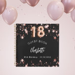 Guest book 18th birthday black rose gold stars<br><div class="desc">A stylish black background with rose gold stars. Add your name,  and text.  Age number is written with a balloon style font.</div>
