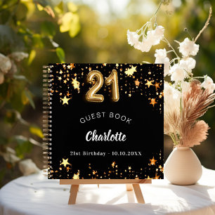 Guest book 21st birthday black gold stars