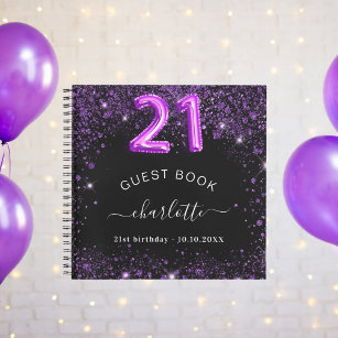 Guest book 21st birthday black purple glitter name