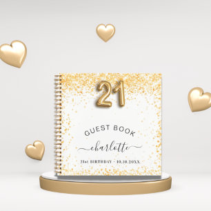 Guest book 21st birthday white gold glitter