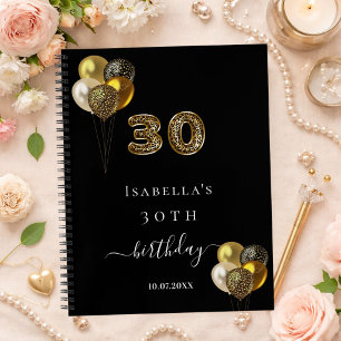 Guest book 30th birthday black gold leopard print