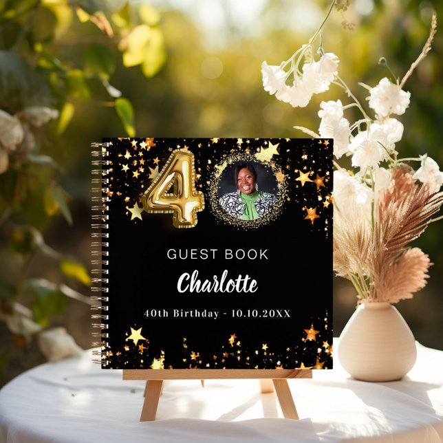 Guest book 40th birthday black gold stars photo (Creator Uploaded)