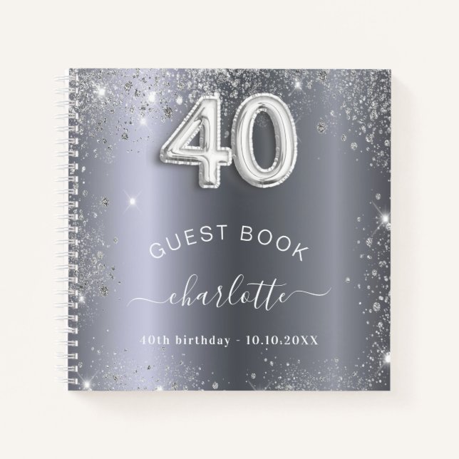 Guest book 40th birthday silver glitter name glam (Front)