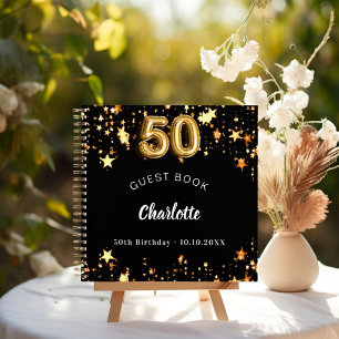 Guest book 50th birthday black gold stars