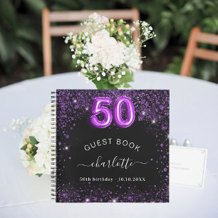 Guest book 50th birthday black purple glitter name