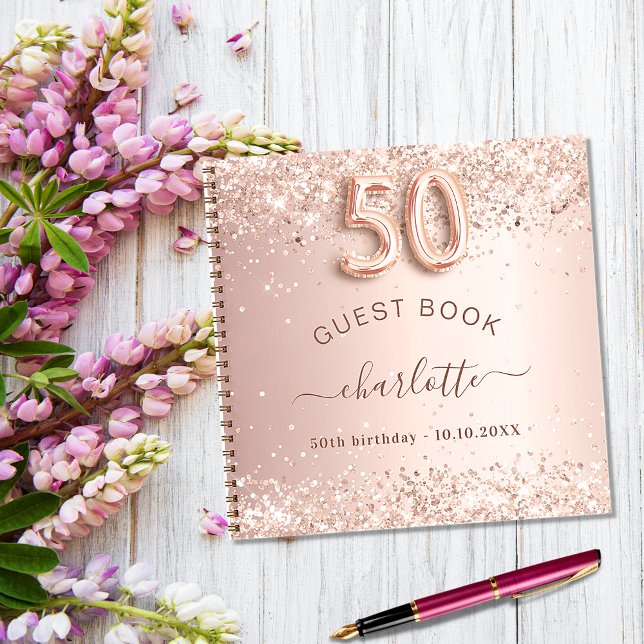 Guest book 50th birthday rose gold glitter blush (Creator Uploaded)