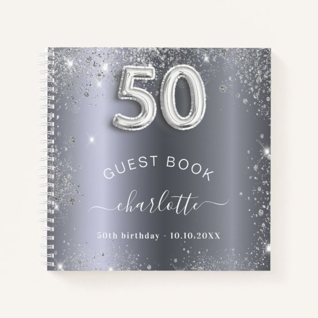 Guest book 50th birthday silver glitter name glam (Front)