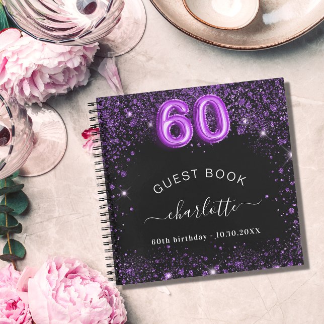 Guest book 60th birthday black purple glitter name (Creator Uploaded)