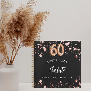 Guest book 60th birthday black rose gold stars