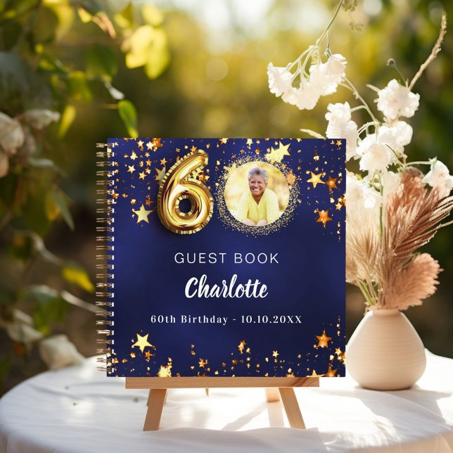 Guest book 60th birthday navy blue gold star photo (Creator Uploaded)