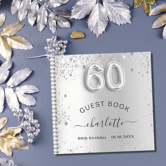 Guest book 60th birthday silver glitter name glam (Creator Uploaded)