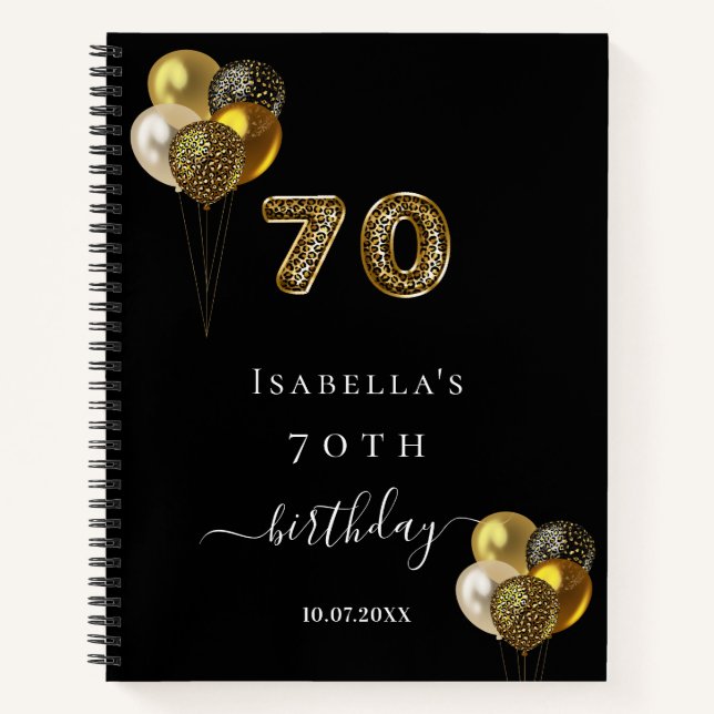 Guest book 70th birthday black gold leopard animal (Front)