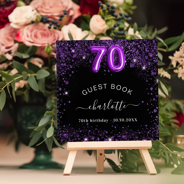 Guest book 70th birthday black purple glitter name (Creator Uploaded)