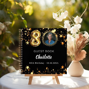 Guest book 80th birthday black gold stars photo