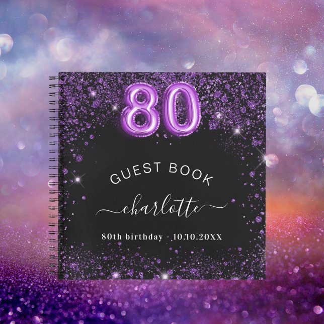 Guest book 80th birthday black purple glitter name (Creator Uploaded)