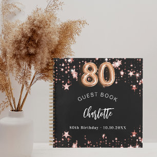 Guest book 80th birthday black rose gold stars