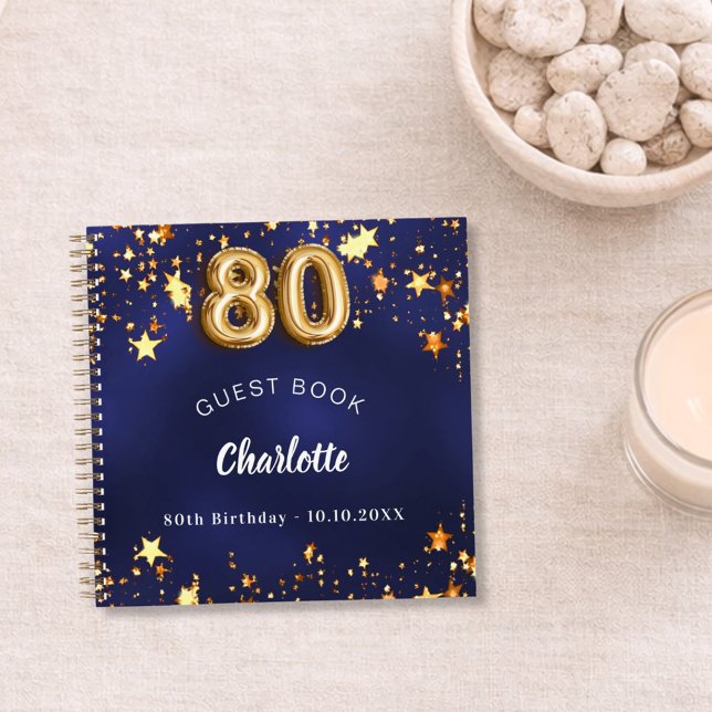 Guest book 80th birthday navy blue gold stars (Creator Uploaded)