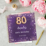 Guest book 80th Birthday purple rose gold glitter<br><div class="desc">A guestbook for a feminine and glamourous 80th birthday party.  A stylish purple background with faux purple and rose gold sparkles. The purple colour is uneven. Personalise and add your name and a date.</div>