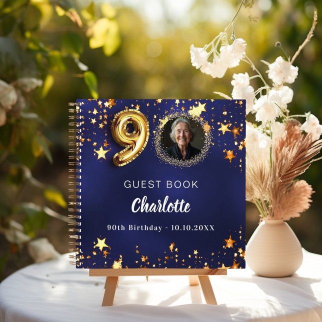 Guest book 90th birthday navy blue gold star photo (Creator Uploaded)