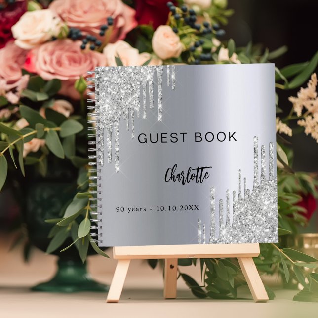 Guest book 90th birthday silver glitter drips (Creator Uploaded)