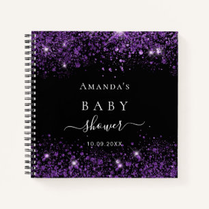 Guest book baby shower black purple glitter name