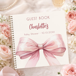 Guest book Baby Shower blush pink bow beige cream