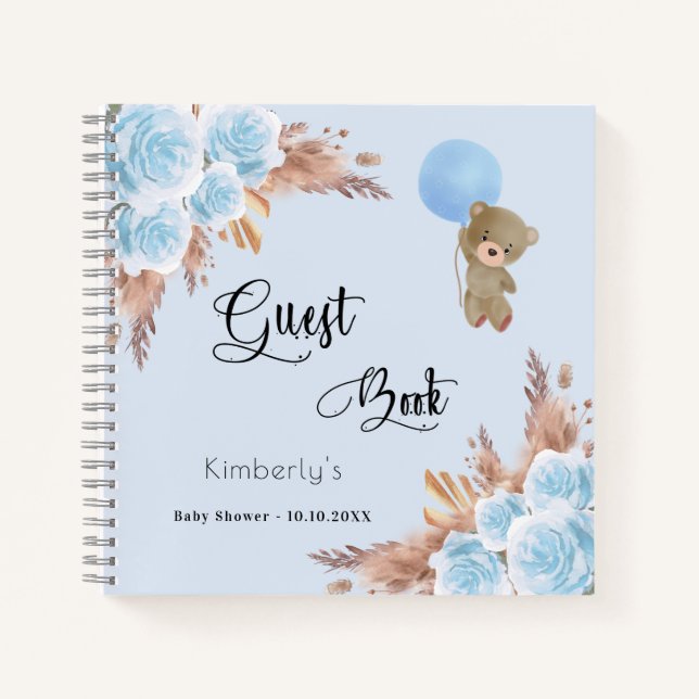 Guest book Baby Shower boy teddy pampas grass boho (Front)