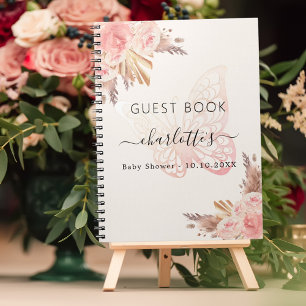 Guest book Baby Shower pink beige butterfly boho