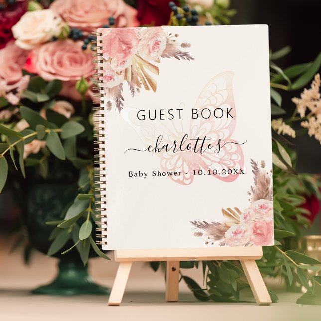 Guest book Baby Shower pink beige butterfly boho (Creator Uploaded)