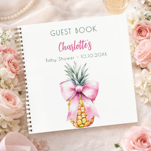 Guest book baby shower pink bow pineapple girl