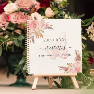Guest book Baby Shower pink butterfly beige boho