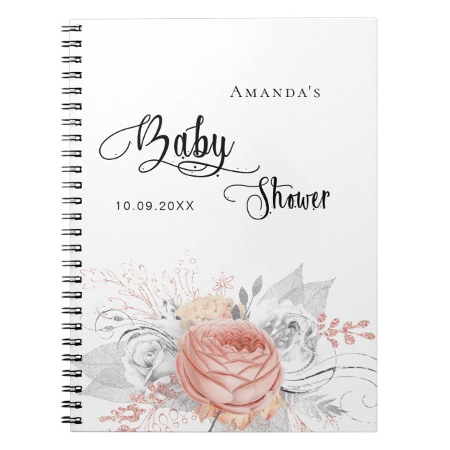 Guest book baby shower rose gold floral silver (Front)