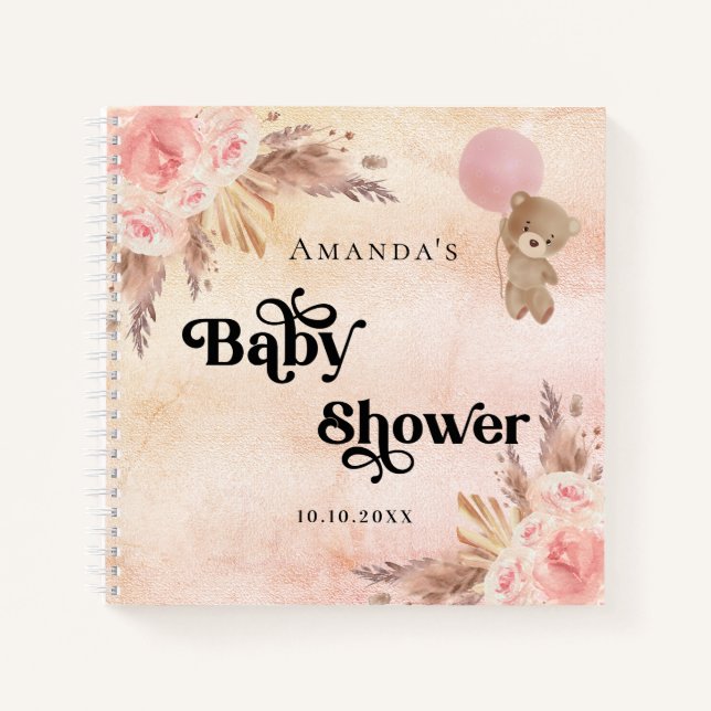 Guest book baby shower teddy pampas grass blush (Front)