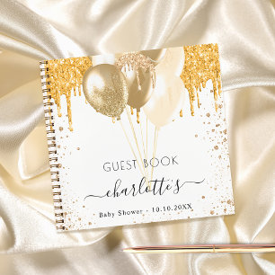 Guest book baby shower white gold glitter name