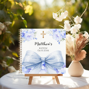 Guest book Baptism blue bow florals boy