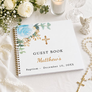 Guest book Baptism Blue Floral Boy Cross
