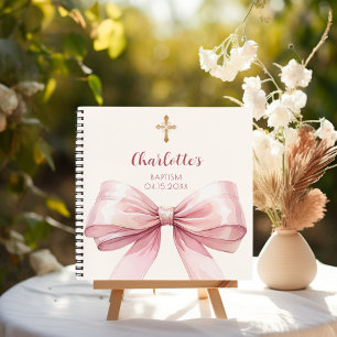 Guest book Baptism blush pink bow cream
