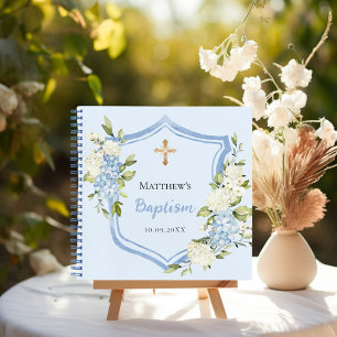 Guest book baptism crest blue flowers boy