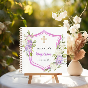 Guest book baptism crest pink purple flowers girl
