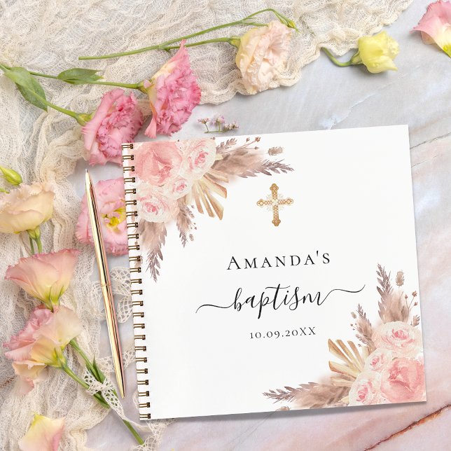 Guest book baptism pampas grass rose blush floral (Creator Uploaded)