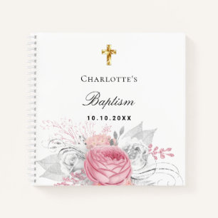 Guest book baptism pink baby girl florals white