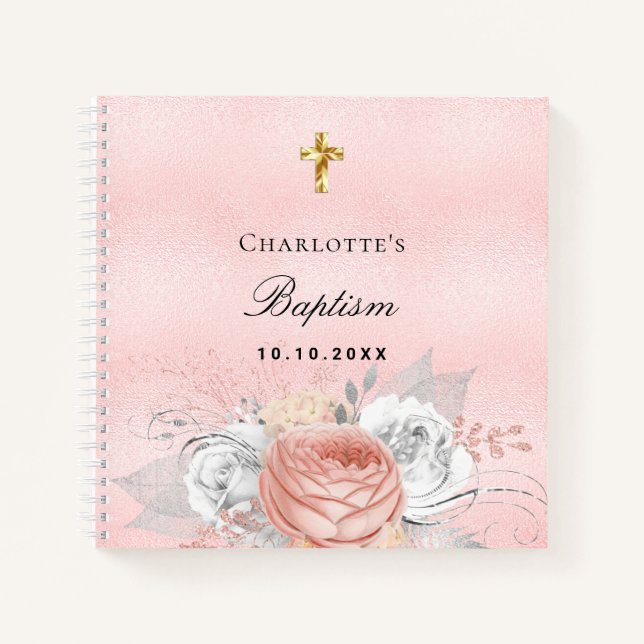 Guest book baptism pink rose gold florals silver (Front)