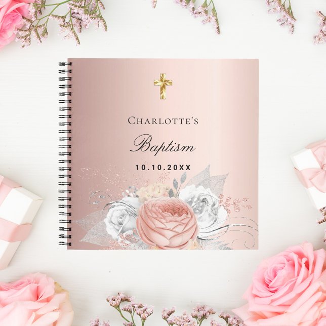 Guest book baptism rose gold florals silver (Creator Uploaded)
