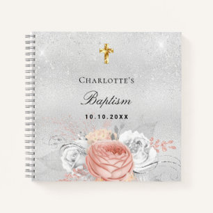 Guest book baptism rose gold florals silver